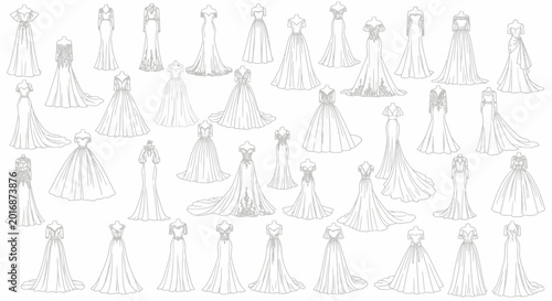 Tableau sur toile Collection of wedding dresses on white.