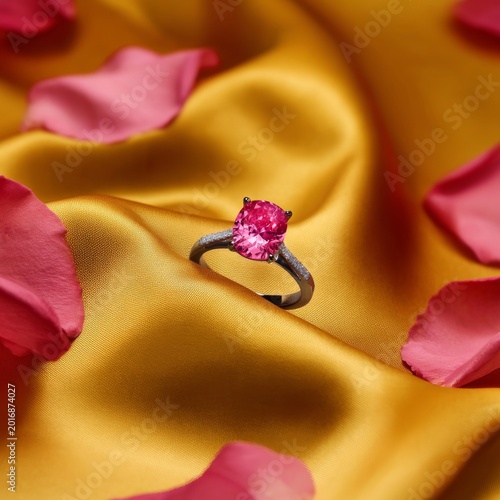 Pink Ring on Golden Fabric With Rose Petals in a Bright Light Setting