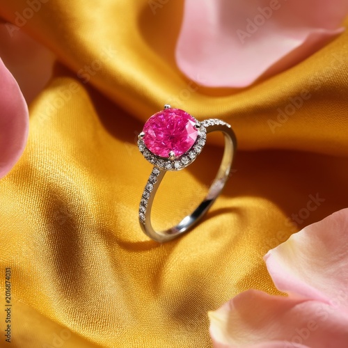 Pink Ring on Golden Fabric With Rose Petals in a Bright Light Setting