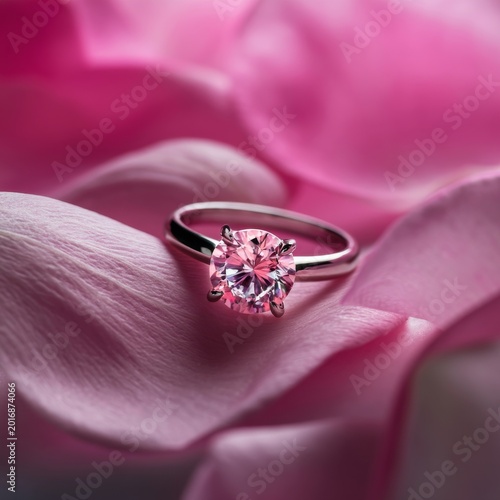 Pink Diamond Ring Resting on Rose Petals in Bright and Soft Light