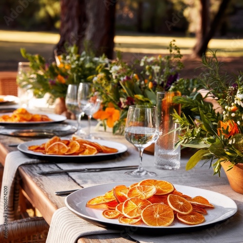 Dinner Setting With Plates of Sliced Oranges and Floral Arrangements in an Ou...
