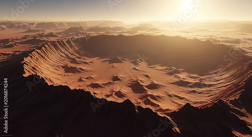 Breathtaking Aerial View of a Vast Alien Crater on a Desert Planet at Sunset