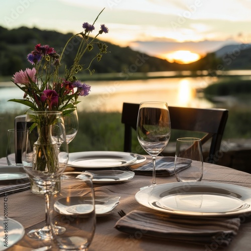 Dinner Setting by the Water at Sunset With Flowers and Empty Plates on the Table