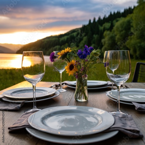 Beautiful Sunset Dinner Set up Outdoors in a Green Landscape With Flowers and...