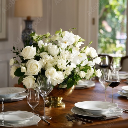 Centerpiece of White Flowers on Dining Table With Glassware in Elegant Room