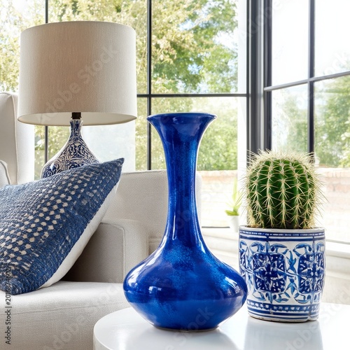 Bright Blue Lamp and Cactus by Window in Sunny Room During Afternoon