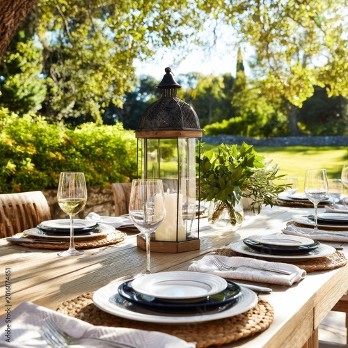 Dining Setup With Plants and Glasses at Outdoor Table With View of Landscape