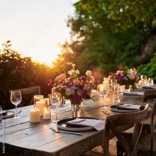 Sunset Dinner Setup With Flowers and Candles at a Garden Terrace