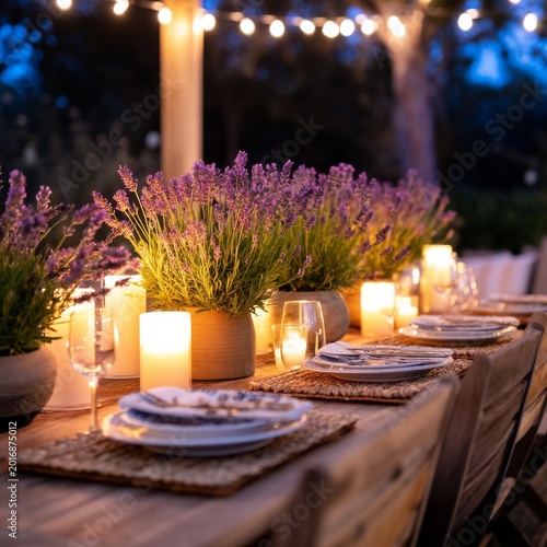Outdoor Dining Setup With Flowers and Candles During Evening Hours in a Garden