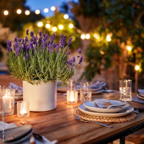 Outdoor Dining Setup With Flowers and Candles During Evening Hours in a Garden