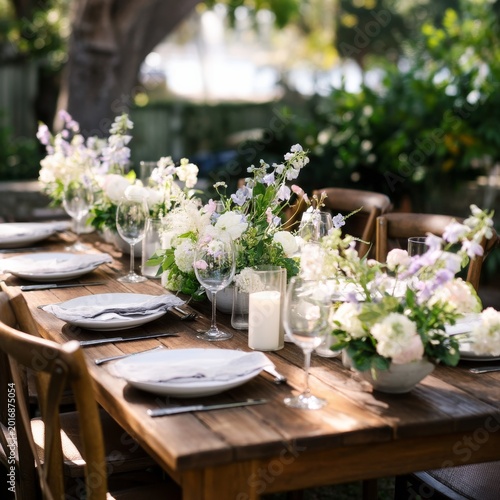 Elegant Outdoor Dining Setup With Flowers on a Sunny Day in a Garden Area