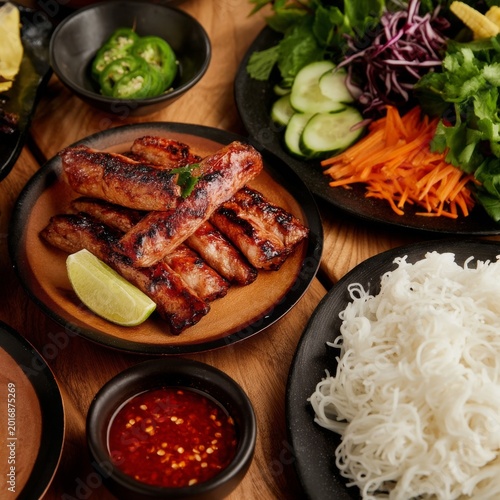 Grilled Meat With Fresh Vegetables and Rice Noodles Served on Wooden Table