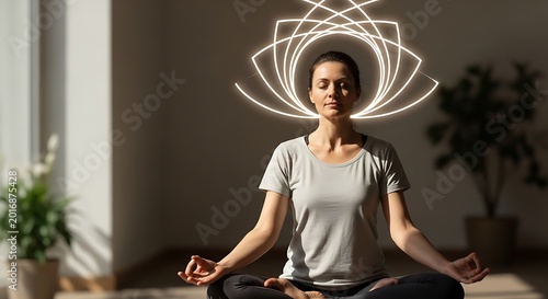 Woman Meditating with Glowing Lotus Symbol for Spiritual Wellness and Mindfulness