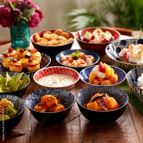 Delicious Spread of Traditional Dishes on a Colorful Table in a Vibrant Setting
