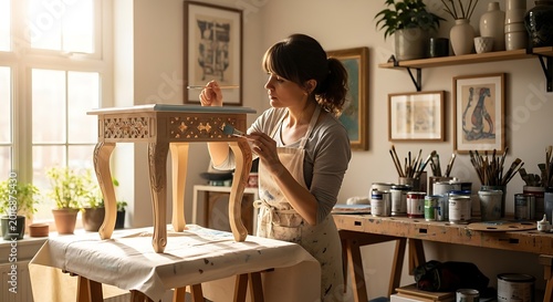 Professional Female Artisan Restoring Antique Wooden Furniture in Workshop