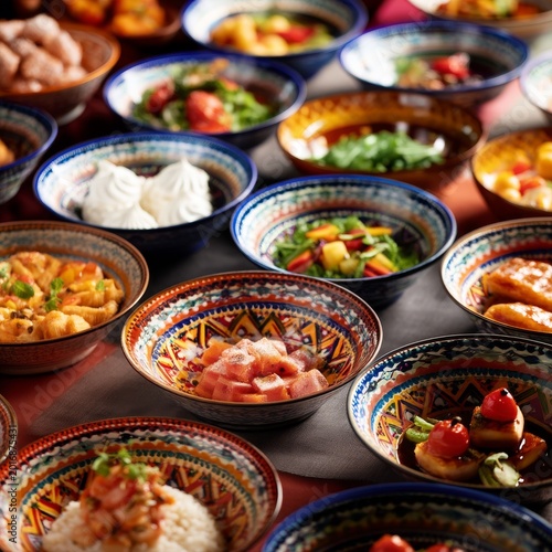 Variety of Colorful Dishes Served in Bowls at a Dining Table in a Restaurant ...