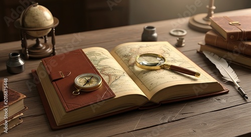 Vintage Map and Navigation Tools on an Old Wooden Desk