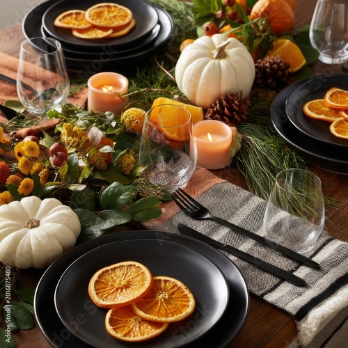 Fall Gathering With Black Plates and Orange Slices on a Wooden Table