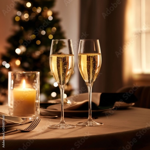 Cheers With Glasses of Sparkling Drink at a Table by Candlelight During Holid...