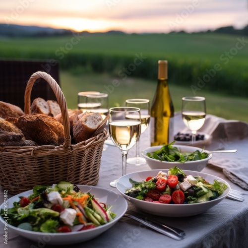 Dinner Table Set With Salads and Drinks Enjoys Sunset View Over the Fields in...