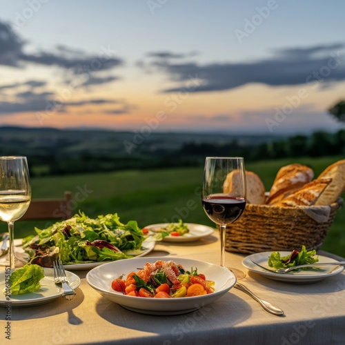Dinner Table Set With Salads and Drinks Enjoys Sunset View Over the Fields in...