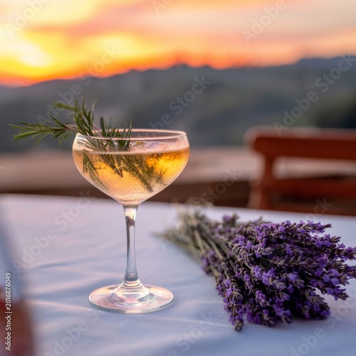 Sunset View of Cocktail With Lavender on Table in Outdoor Setting