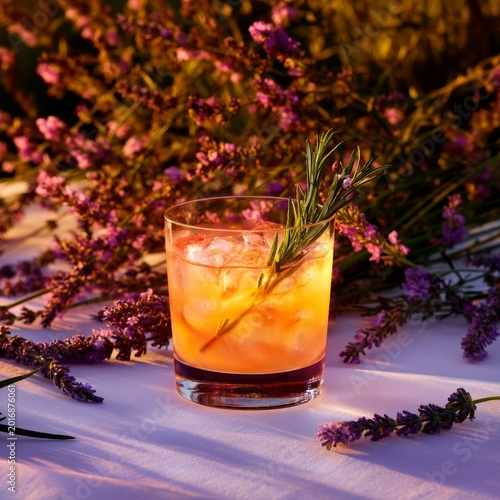 Sunset View of Cocktail With Lavender on Table in Outdoor Setting