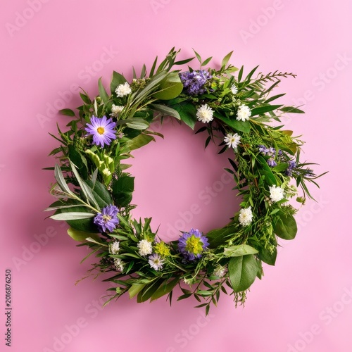 Fresh Flower Wreath on a Pink Background Showing Seasonal Colors and Natural ...