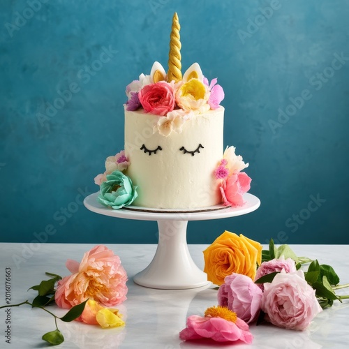 Birthday Cake With Unicorn Design and Flowers on a Stand in a Kitchen Setting
