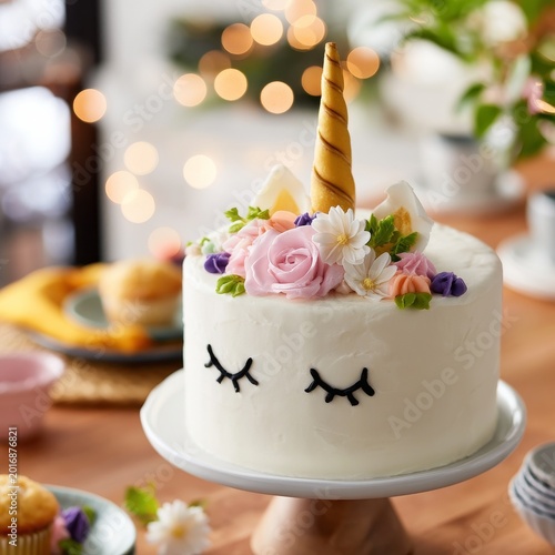Colorful Unicorn Cake on a Table With Decorations and Soft Lights in the Back...