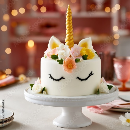 Colorful Unicorn Cake on a Table With Decorations and Soft Lights in the Back...
