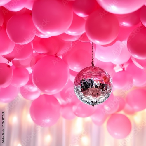 Balloons and Disco Ball Create Fun Atmosphere at Event Space in the Evening