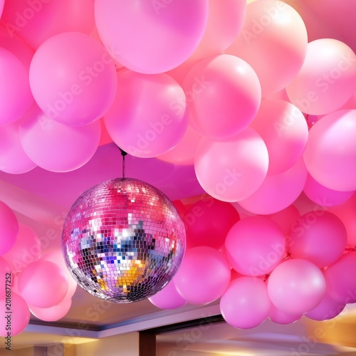 Balloons and Disco Ball Create Fun Atmosphere at Event Space in the Evening