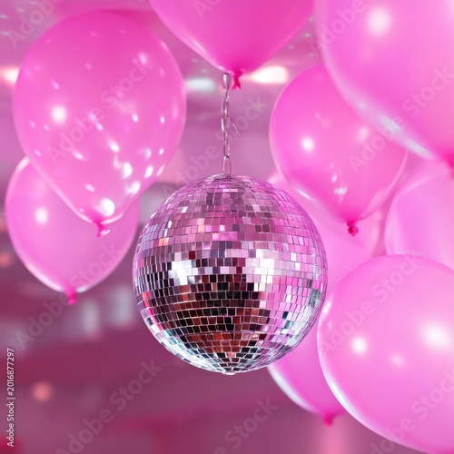 Disco Ball Hanging Among Pink Balloons at a Party Scene in an Indoor Space