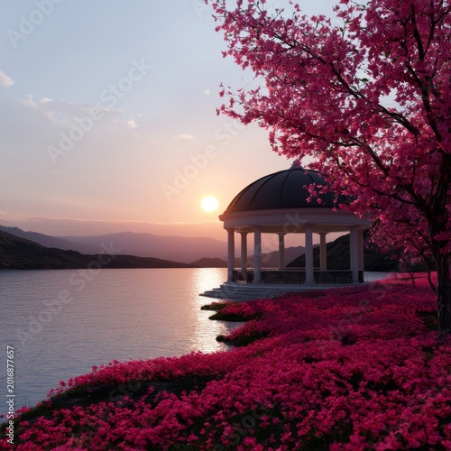 Sunset Over a Lake With Cherry Blossom Trees and a Gazebo in the Background