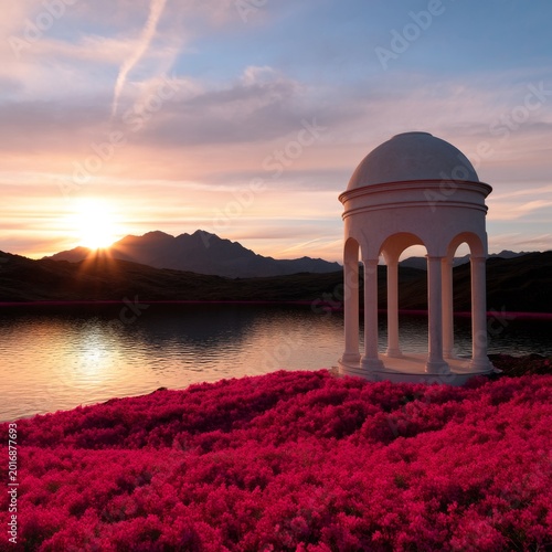 Sunset Over a Lake With Cherry Blossom Trees and a Gazebo in the Background