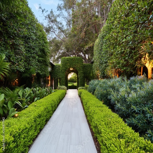 Garden in a Sunny Location With Green Plants and a Blue Pool Near a White Bui...