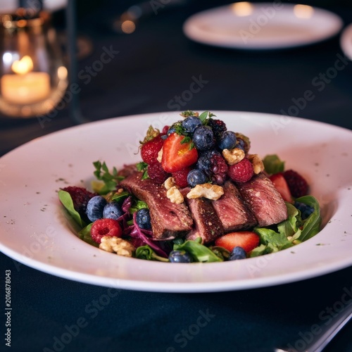 Delicious Steak Served With Fresh Berries and Greens at a Restaurant During E...