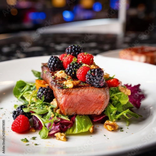 Delicious Salad With Steak, Berries, and Nuts on a Table With Drinks in a Coz...