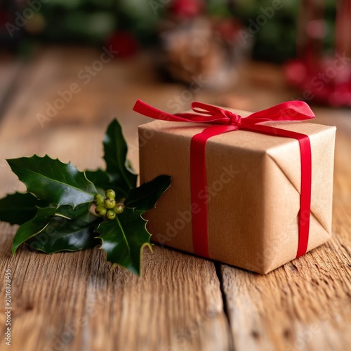 Gift Wrapped With Red Ribbon and Holly on Wood Surface During the Holiday Season