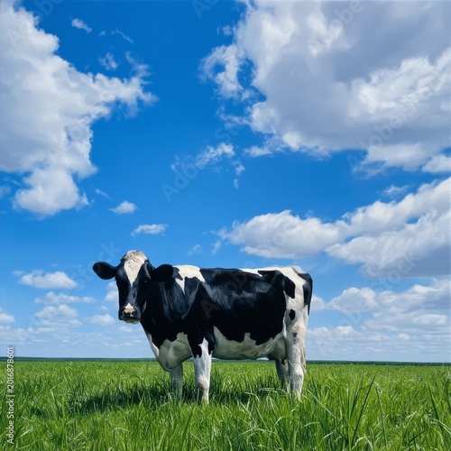 Black and White Cow Standing in Green Field Under Blue Sky With Clouds