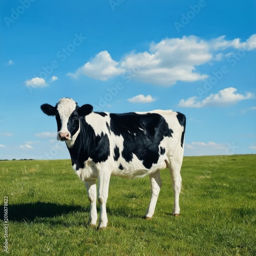 Cow Standing Alone on Green Grass Field Under Blue Sky With Clouds