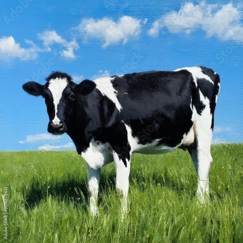 Cow Standing Alone on Green Grass Field Under Blue Sky With Clouds