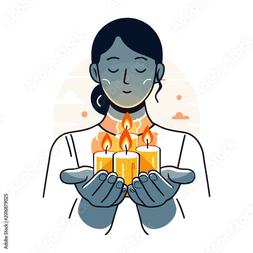 Woman holding lit candles in hands for meditation or prayer vector
