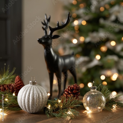 Black Reindeer Decoration Near Pine Cones and Holiday Ornaments in a Festive ...