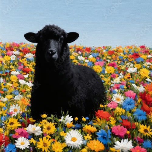 Black Sheep Stands in a Field of Colorful Flowers on a Sunny Day