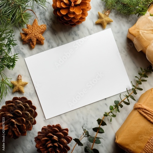 Blank Card on a Table Surrounded by Holiday Decorations and Gifts in a Cozy S...