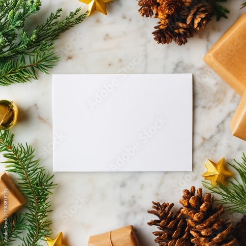 Blank Card on a Table Surrounded by Holiday Decorations and Gifts in a Cozy S...