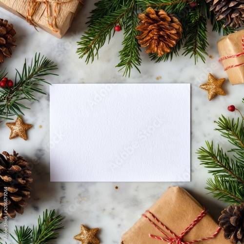 Holiday Decorations With Presents and a Blank Card on a Marble Surface
