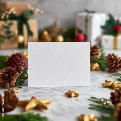 Holiday Decorations With Presents and a Blank Card on a Marble Surface